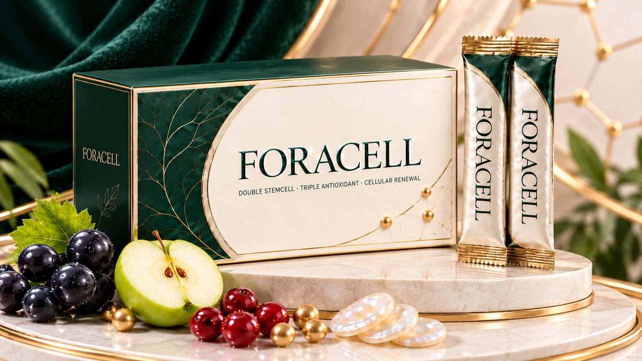 Boîte et sachets de ForaCell avec une pomme et du raisin